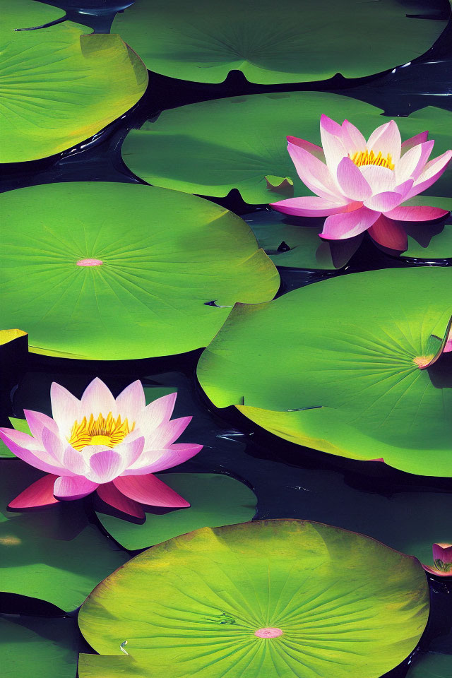 Pink Lotus Flowers Blooming Among Green Lily Pads on Water