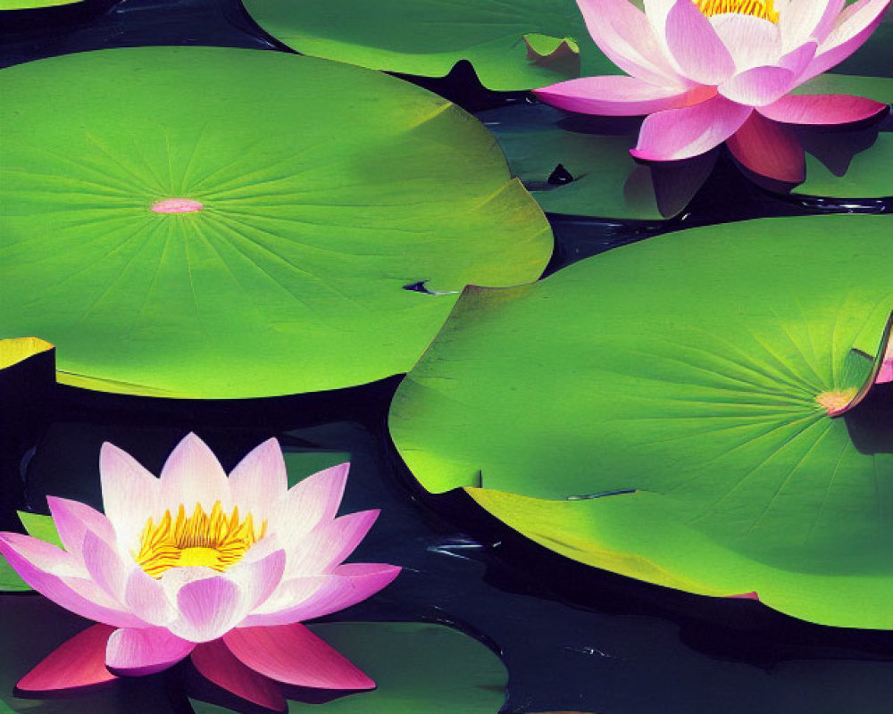 Pink Lotus Flowers Blooming Among Green Lily Pads on Water