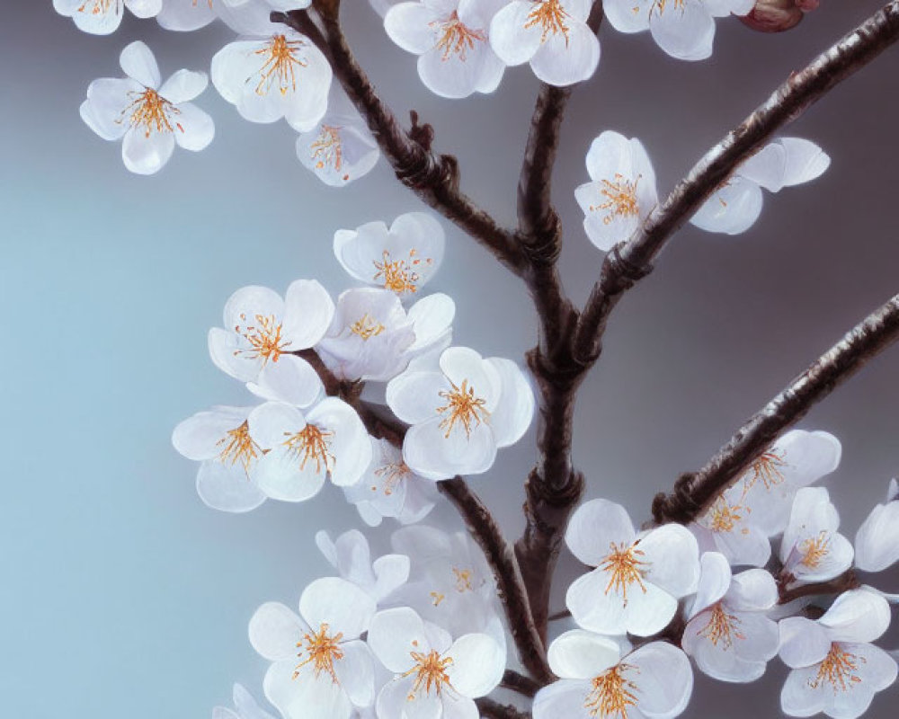 Delicate white cherry blossoms with golden centers on soft blue background