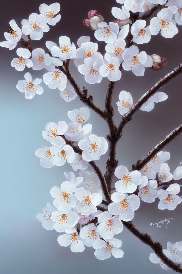 Delicate white cherry blossoms with golden centers on soft blue background