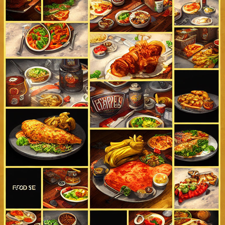 Assortment of Delicious Dishes: Pasta, Roasted Chicken, Salads, Seafood