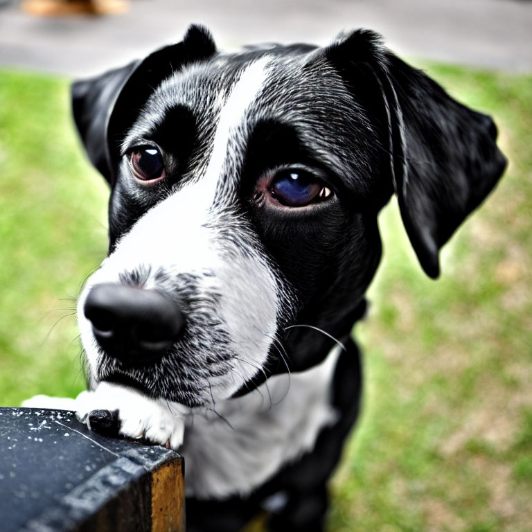 Black and White Dog Resting Chin on Wooden Surface