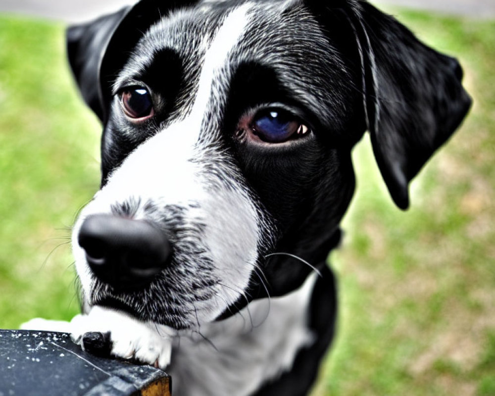 Black and White Dog Resting Chin on Wooden Surface