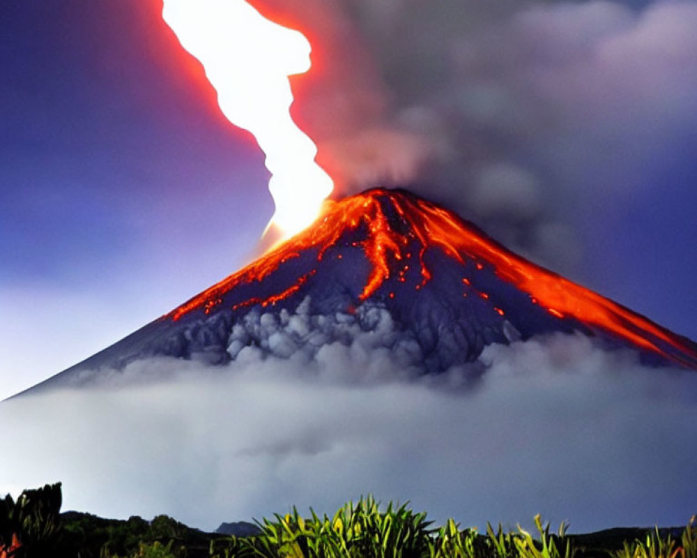 Volcanic eruption at twilight: lava streams, ash plume, verdant foliage