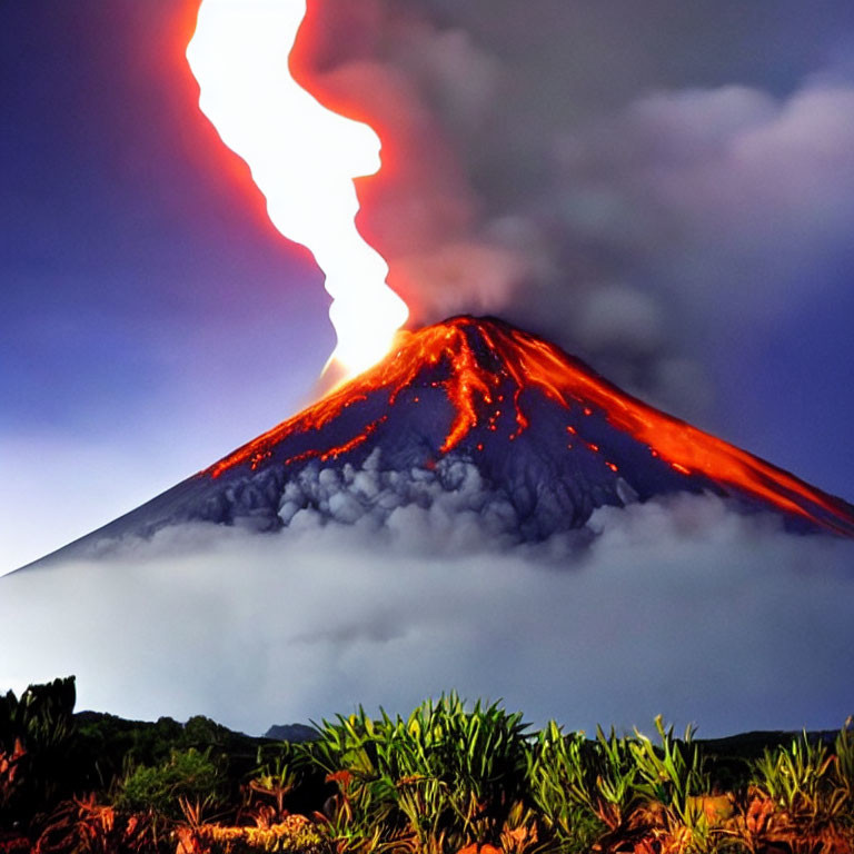 Volcanic eruption at twilight: lava streams, ash plume, verdant foliage