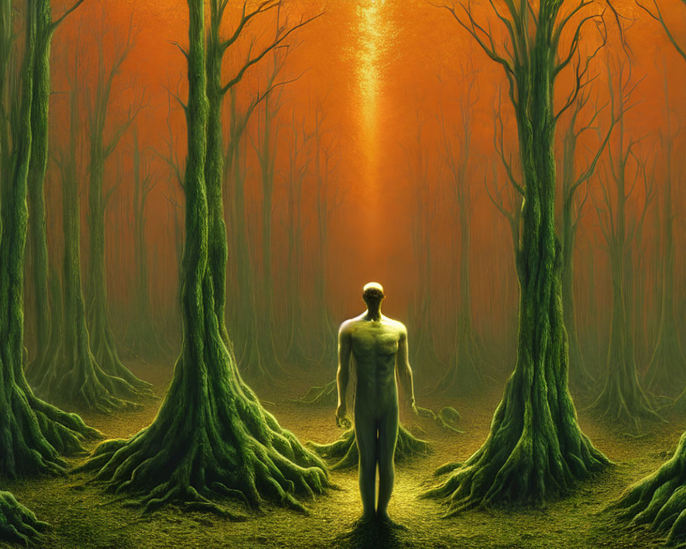 Humanoid Figure in Eerie Green Forest with Bright Orange Light