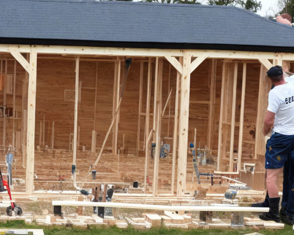 Construction workers building wooden frame for new house with scattered tools and materials.