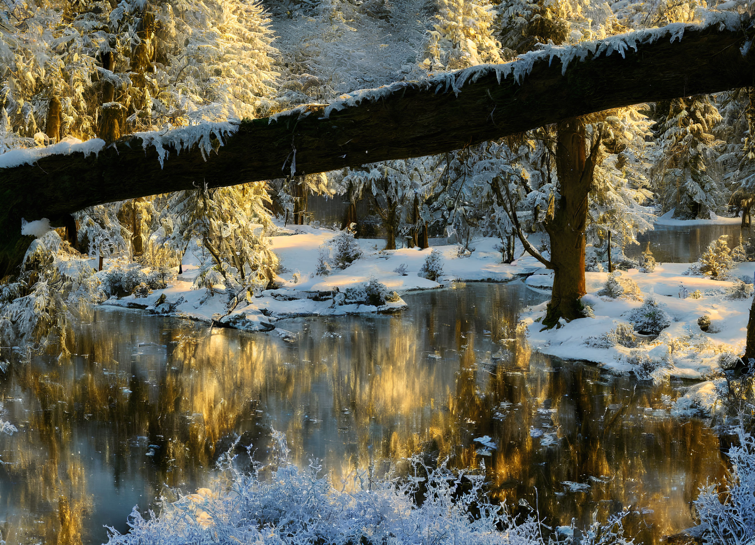 Snow-covered trees and icy water under golden sunlight.