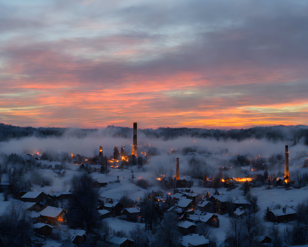 Scenic town at dusk with fog, hills, orange and blue sky