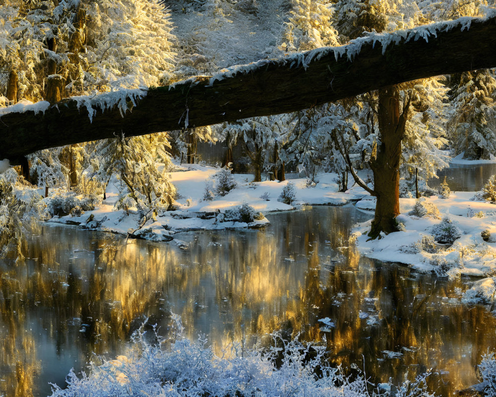 Snow-covered trees and icy water under golden sunlight.