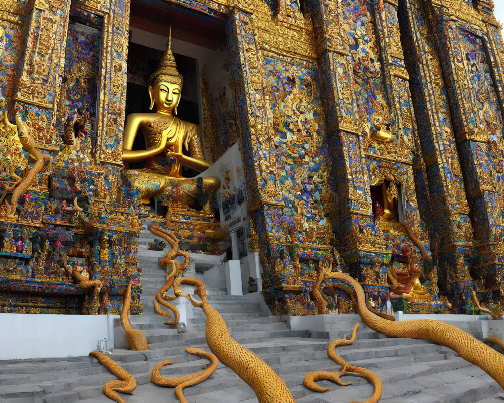 Golden Buddha statue in ornate temple with colorful mosaic walls and golden naga serpent sculptures