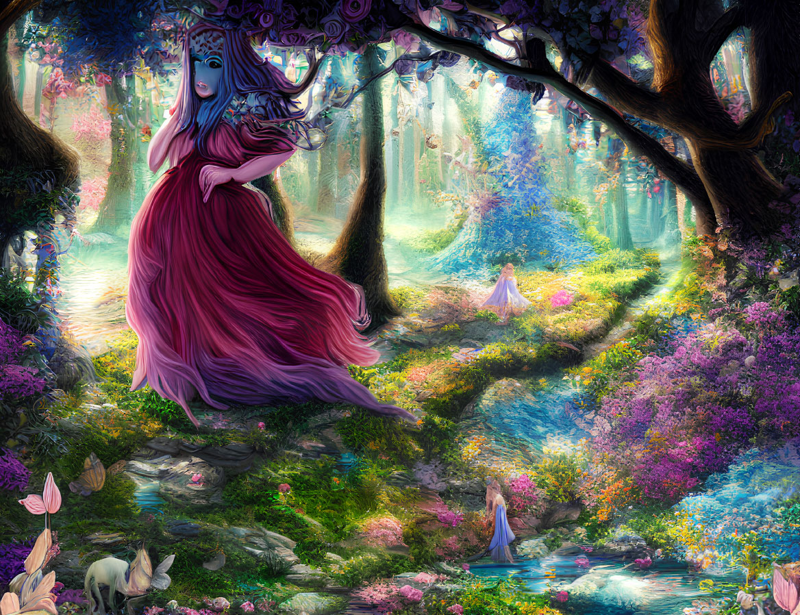 Woman in pink dress floating above vibrant forest scene with woodland creatures