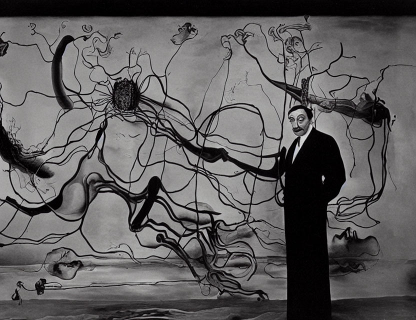 Monochrome image of man in suit with surreal painting