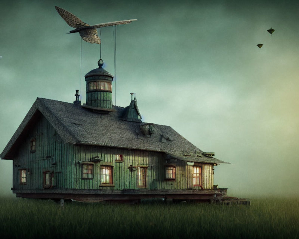 Green wooden house with lighthouse tower in misty field