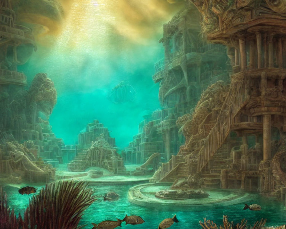 Submerged city with ancient ruins and abundant marine life in golden light