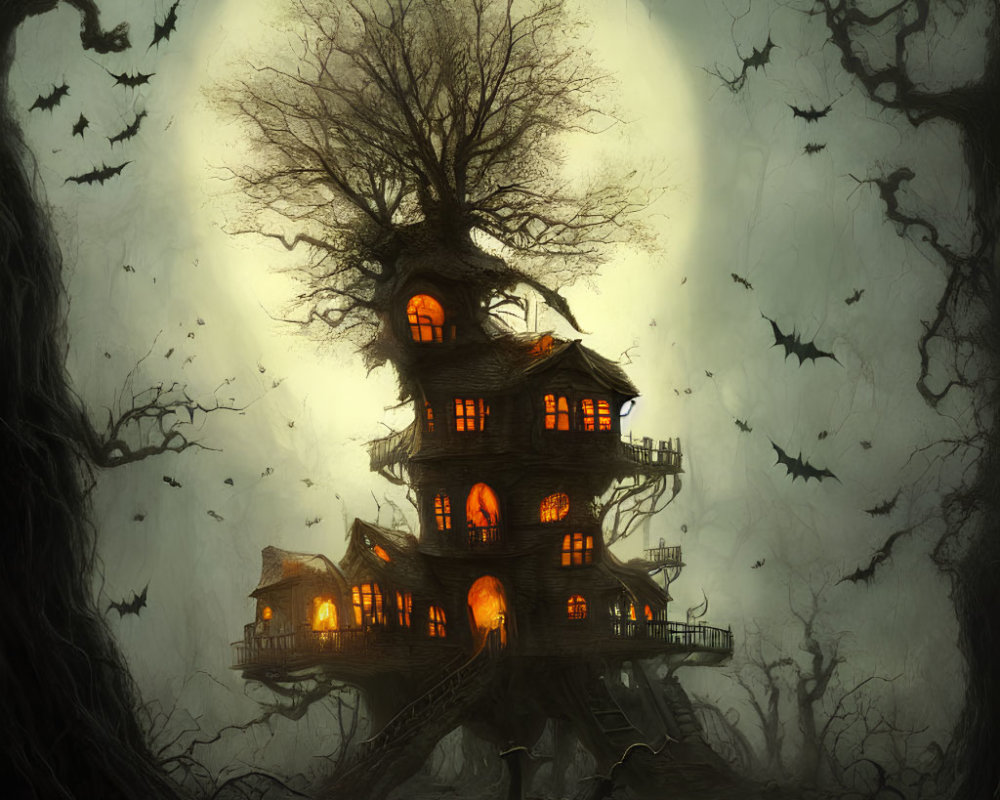 Spooky treehouse under full moon with bats and leafless trees