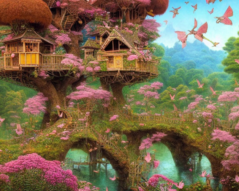 Whimsical treehouses in enchanted forest with pink blossoming trees