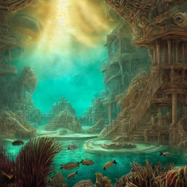 Submerged city with ancient ruins and abundant marine life in golden light