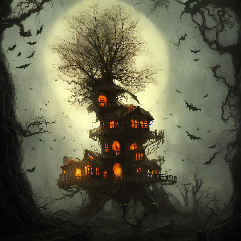 Spooky treehouse under full moon with bats and leafless trees