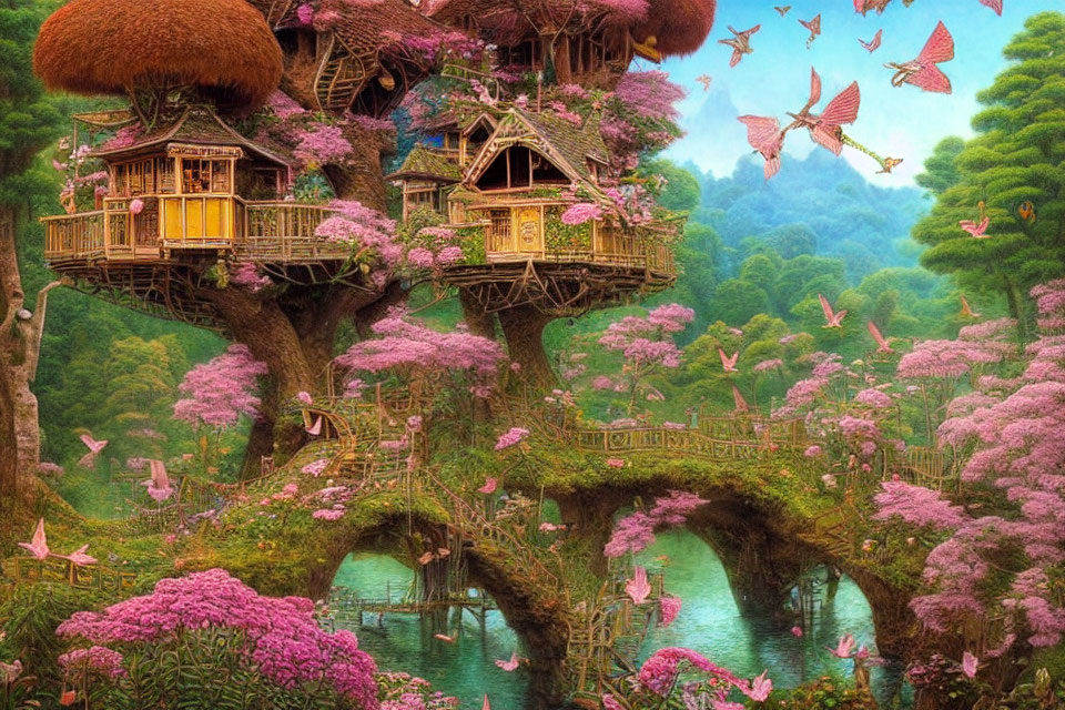 Whimsical treehouses in enchanted forest with pink blossoming trees