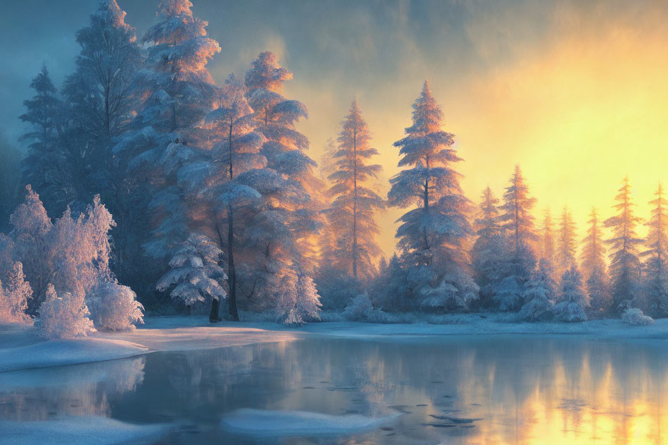 Snow-covered trees by frozen lake in warm sunlight