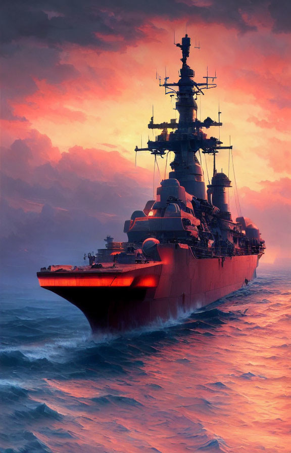 Battleship sailing at sunset with fiery skies and crimson waters