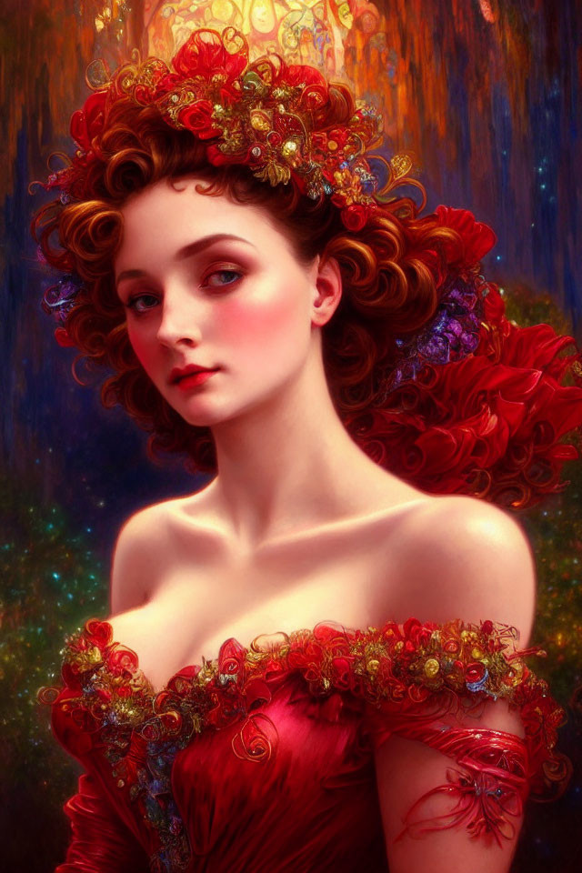 Curly Red-Haired Woman in Ornate Red Dress with Floral Headpiece