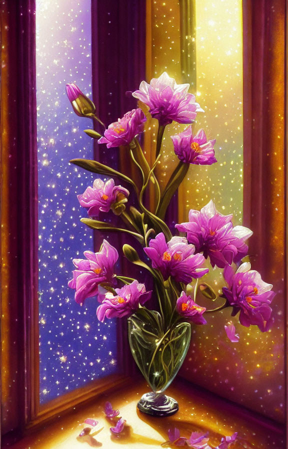 Purple flowers in glass vase with starry night sky - petals on window sill