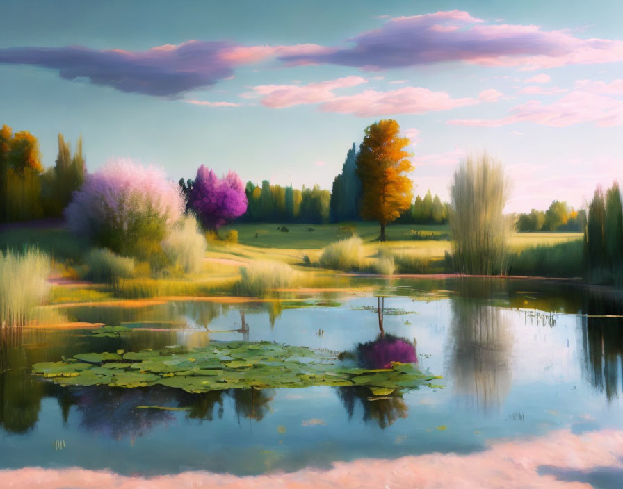 Tranquil landscape: calm lake, lily pads, colorful trees, pastel sky