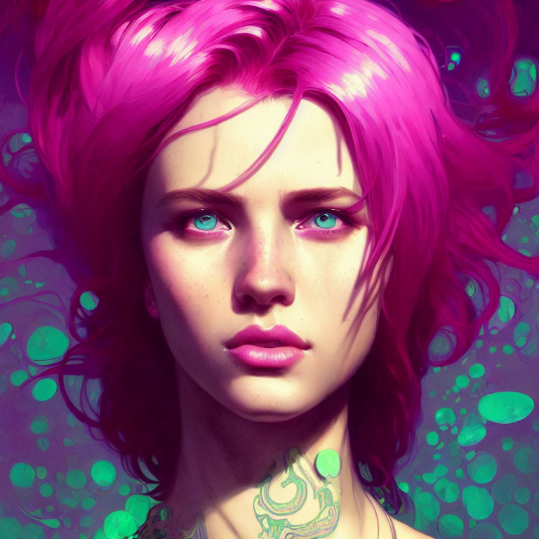 Vibrant portrait with pink hair, purple eyes, and glowing tattoo on neck