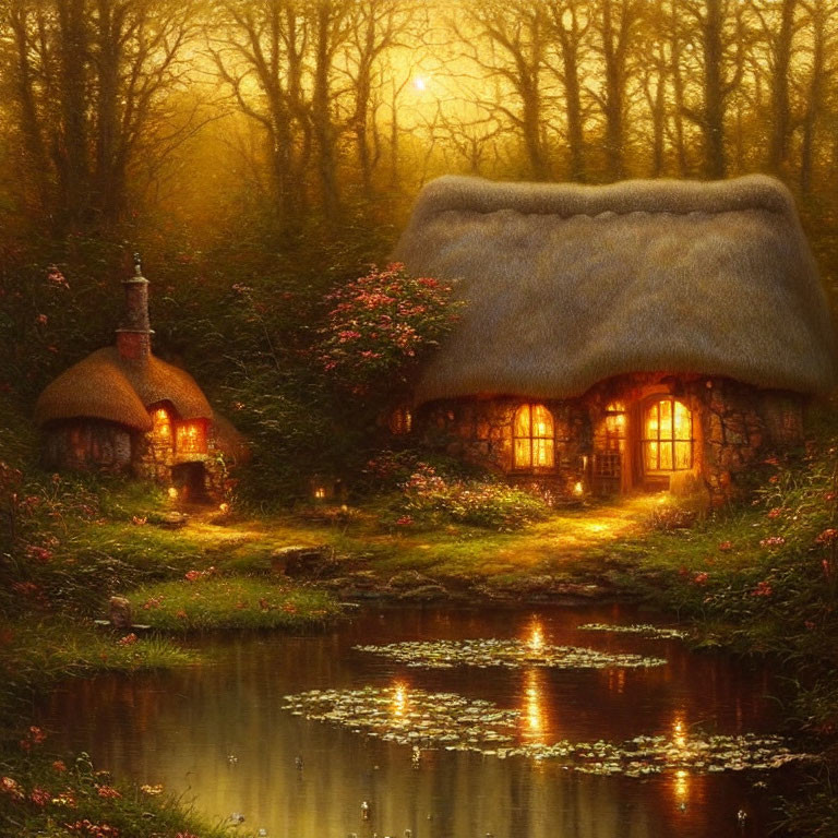 Quaint Thatched Cottage in Twilight Forest Setting