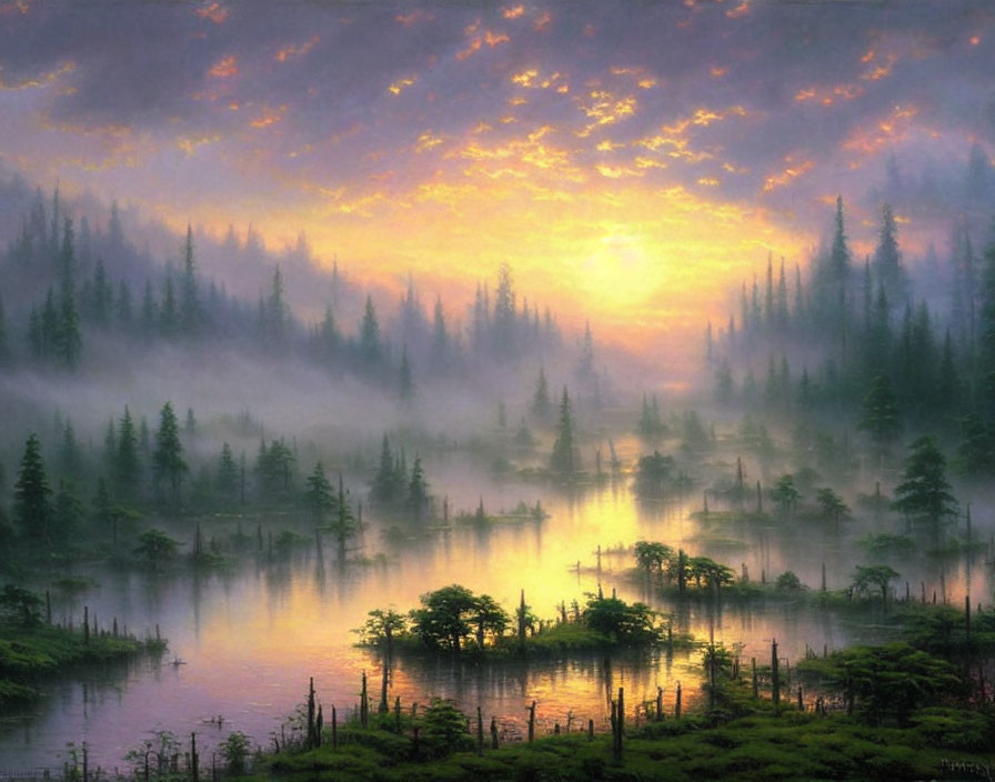 Mist-covered lake in dense forest at vibrant sunrise