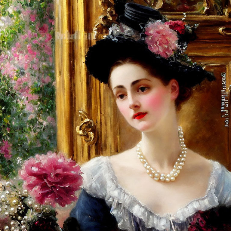 Classic Painting of Elegant Woman with Pearl Necklace and Black Hat Near Blooming Bush