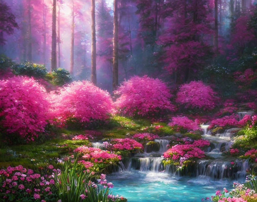 Enchanted forest with pink flowering trees and cascading waterfalls