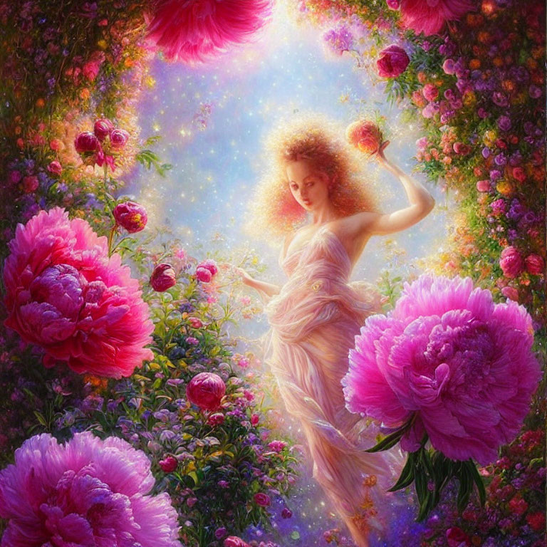 Ethereal woman with pink peonies in vibrant garden