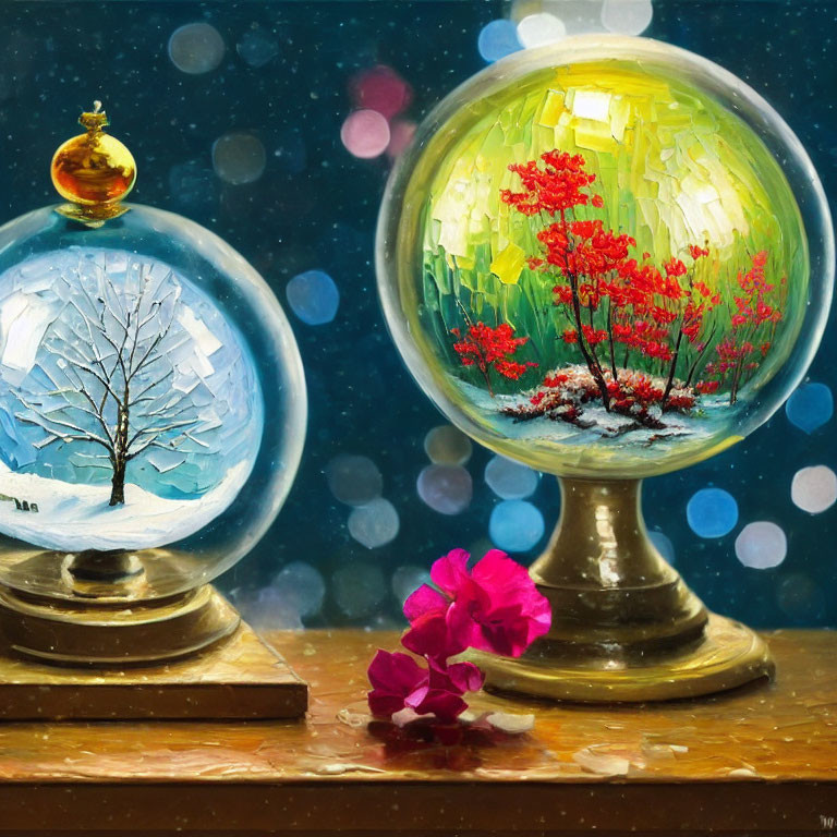 Ornate globes on wooden surface: snow-covered tree and blooming tree with pink flower.