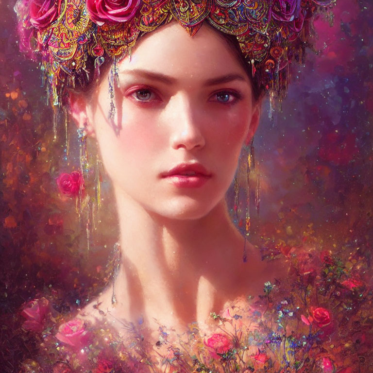 Woman portrait with vibrant floral headdress and serene gaze on textured background