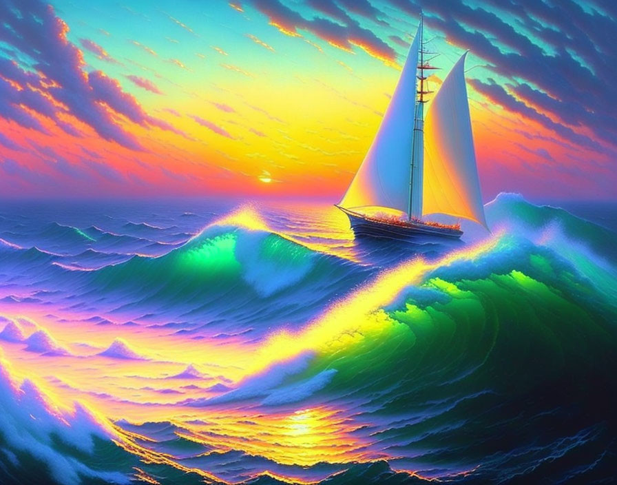 Sailboat on Colorful Glowing Waves at Sunset