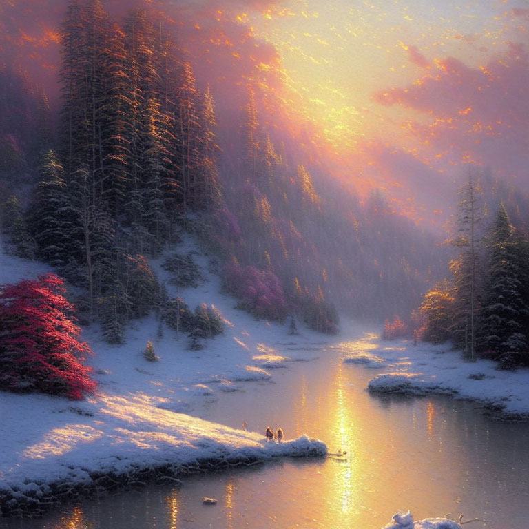 Snowy Sunset Winter Landscape with River and Evergreen Trees