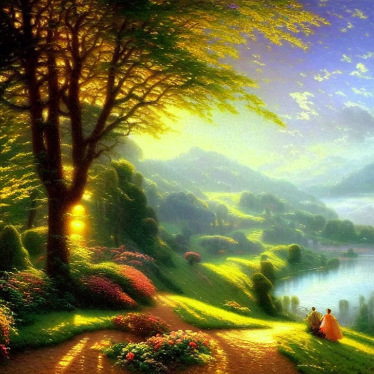 Scenic landscape with tree, walking figures, sunlight, path, flowers, and lake