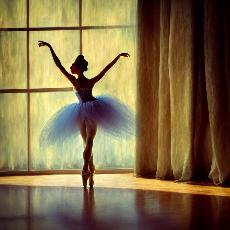 Blue tutu ballerina en pointe by window in softly lit room