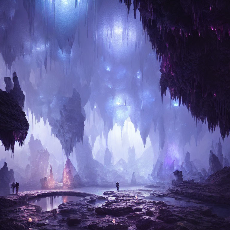 Mystical cave with glowing crystals and purple light, water pool, and silhouette.