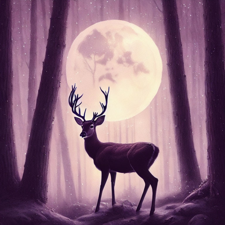 Majestic deer in mystical forest under full moon