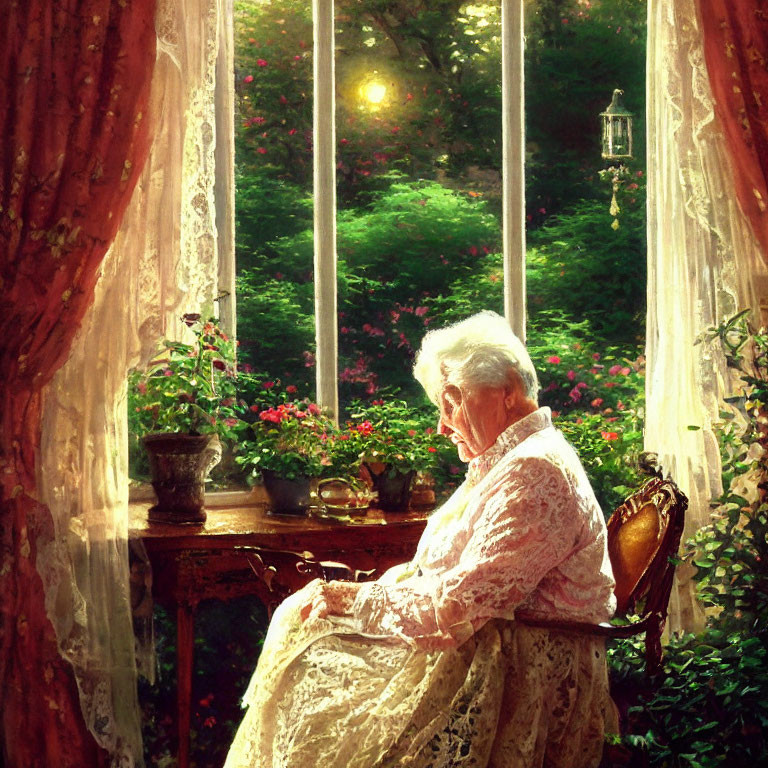 Elderly person reading by window in sunlight and garden view