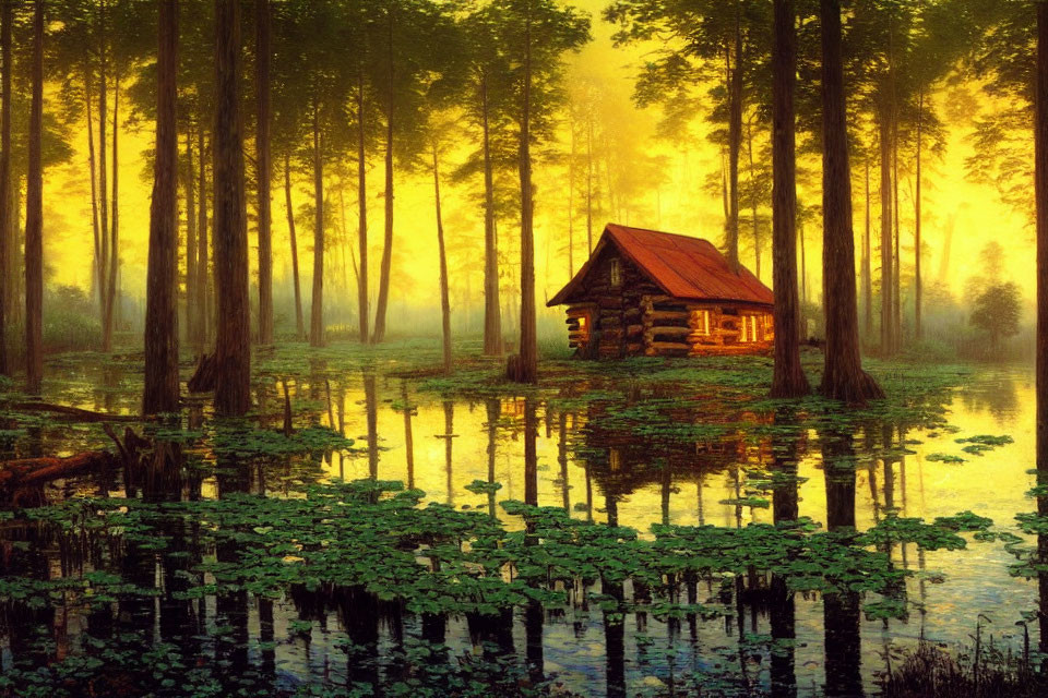 Tranquil forest cabin by pond with water lilies