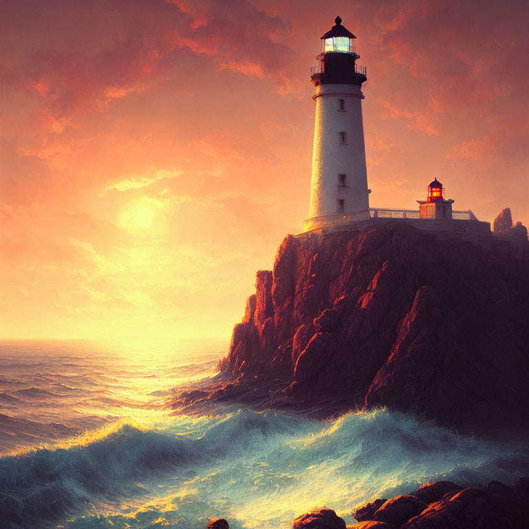 Lighthouse on rugged cliff under dramatic sunset sky