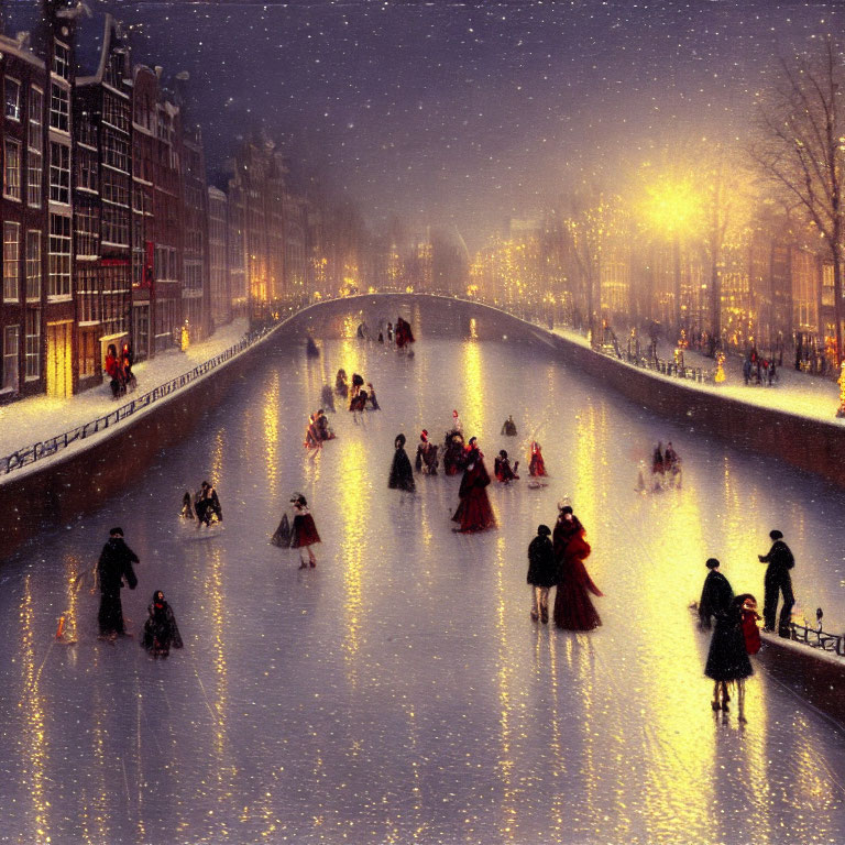 Nighttime Ice Skating on Frozen Canal with Glowing Streetlights