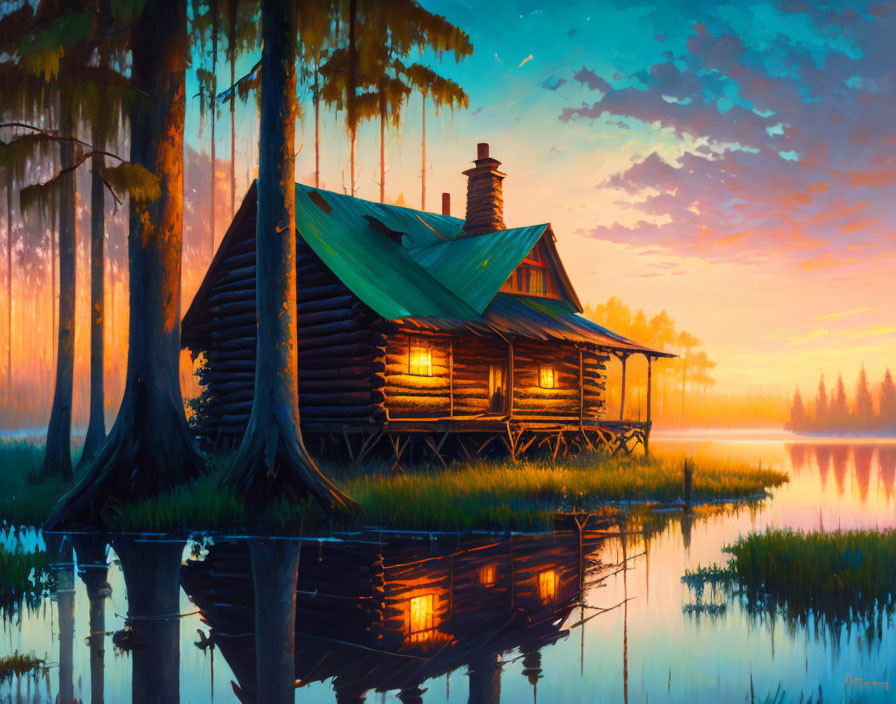 Tranquil sunset scene with log cabin by lake