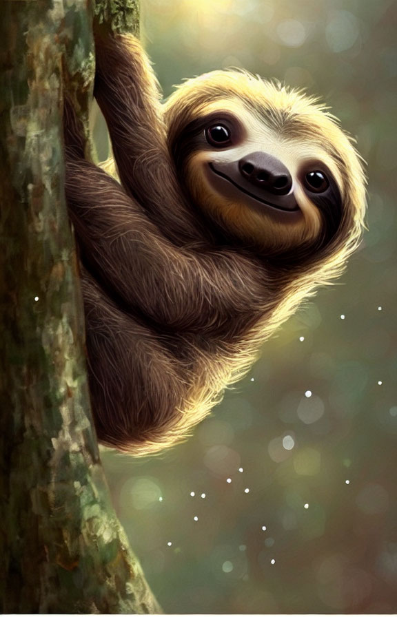 Smiling sloth hanging from tree with sunlit bokeh background