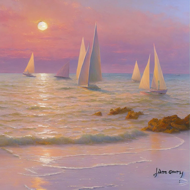 Sailboats on serene sea at sunset with pink and orange sky